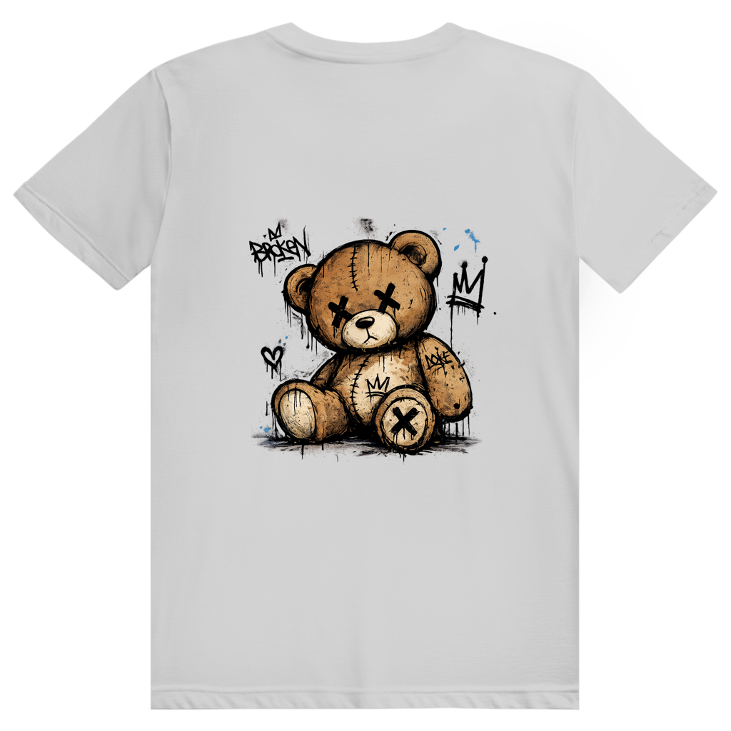 Dos du t-shirt en coton unisexe blanc avec une illustration de teddy bear style street art grunge.