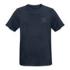 T-shirt respirant homme bleu marine foncé vue de face à plat, col rond, design minimaliste sans logo visible, fond blanc
