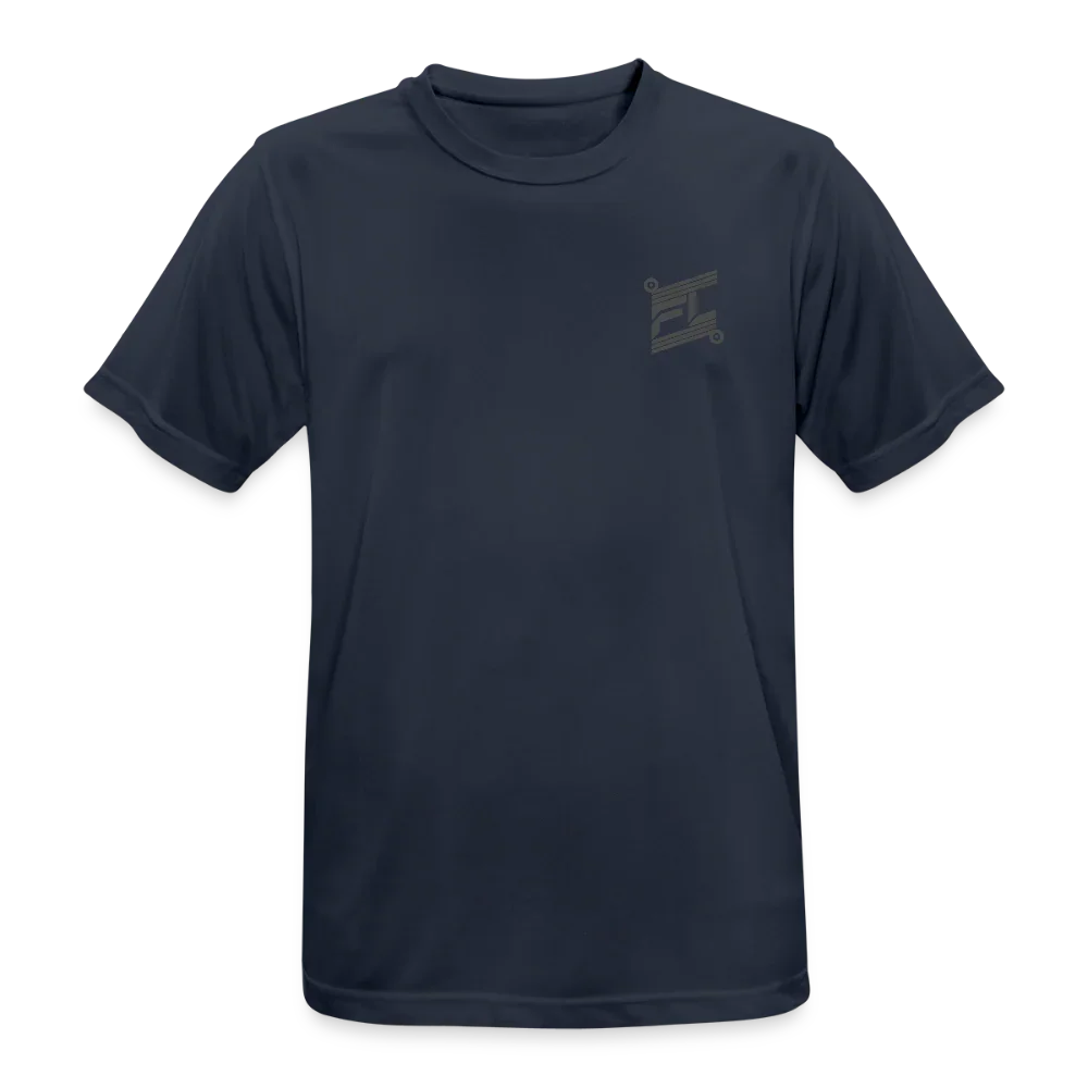 T-shirt respirant homme bleu marine foncé vue de face à plat, col rond, design minimaliste sans logo visible, fond blanc
