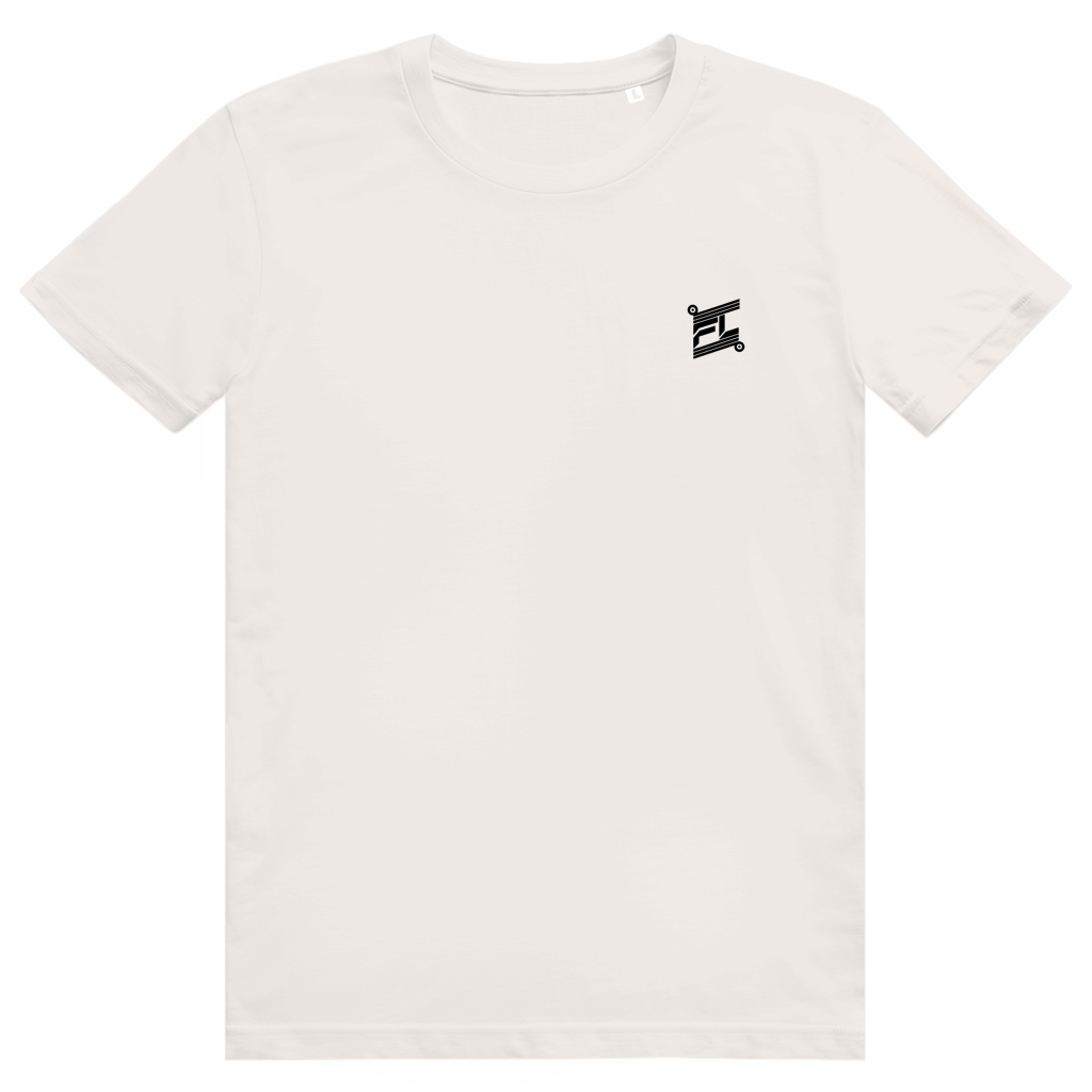 Face avant du t-shirt unisexe en coton blanc avec le logo noir FL-Fit sur la poitrine.