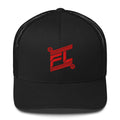 BILLIE retro trucker hat black noir avec mesh black noir, mockup face avant, logo rouge FL brodé, fond blanc