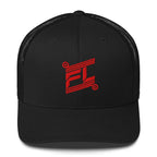 BILLIE retro trucker hat black noir avec mesh black noir, mockup face avant, logo rouge FL brodé, fond blanc
