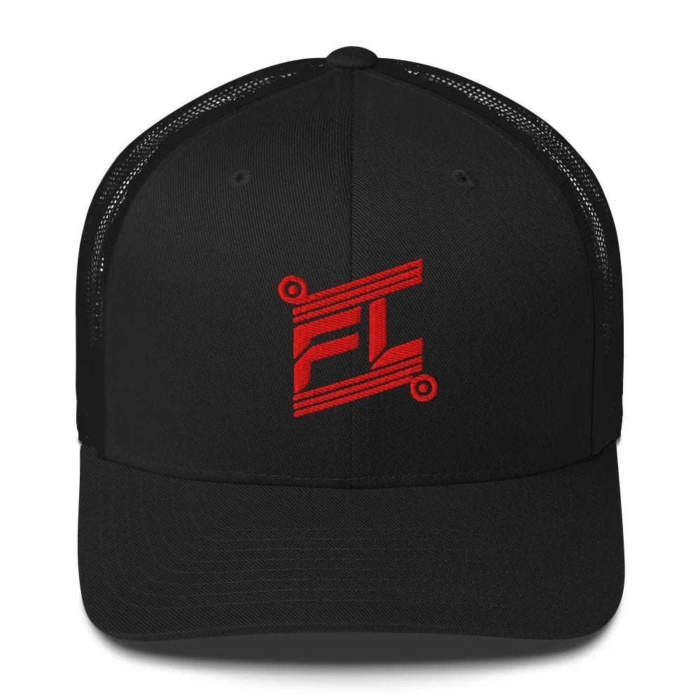 BILLIE retro trucker hat black noir avec mesh black noir, mockup face avant, logo rouge FL brodé, fond blanc