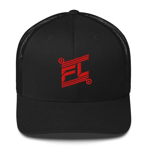 BILLIE retro trucker hat black noir avec mesh black noir, mockup face avant, logo rouge FL brodé, fond blanc