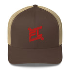 BILLIE retro trucker hat brown marron avec mesh kaki sable, mockup face avant, logo rouge FL brodé, fond blanc