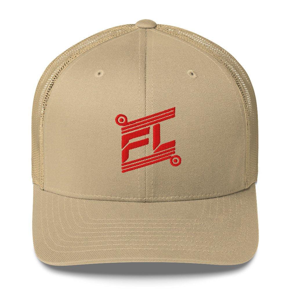 BILLIE retro trucker hat kaki beige, mesh assorti, mockup face avant, petit logo brodé, fond blanc
