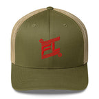 BILLIE retro trucker hat moss vert olive avec mesh kaki sable, mockup face avant, logo rouge FL brodé, fond blanc