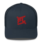 BILLIE retro trucker hat navy bleu marine avec mesh noir, mockup face avant, logo rouge FL brodé, fond blanc

