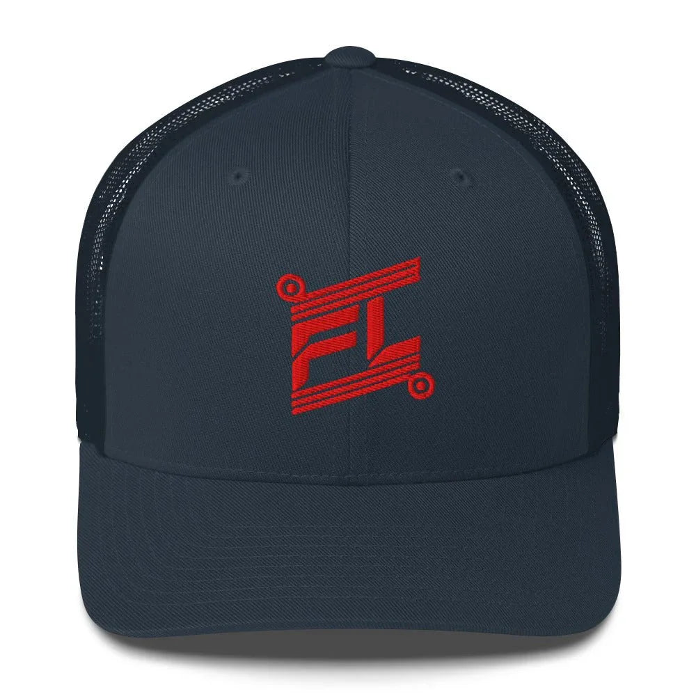 BILLIE retro trucker hat navy bleu marine avec mesh noir, mockup face avant, logo rouge FL brodé, fond blanc
