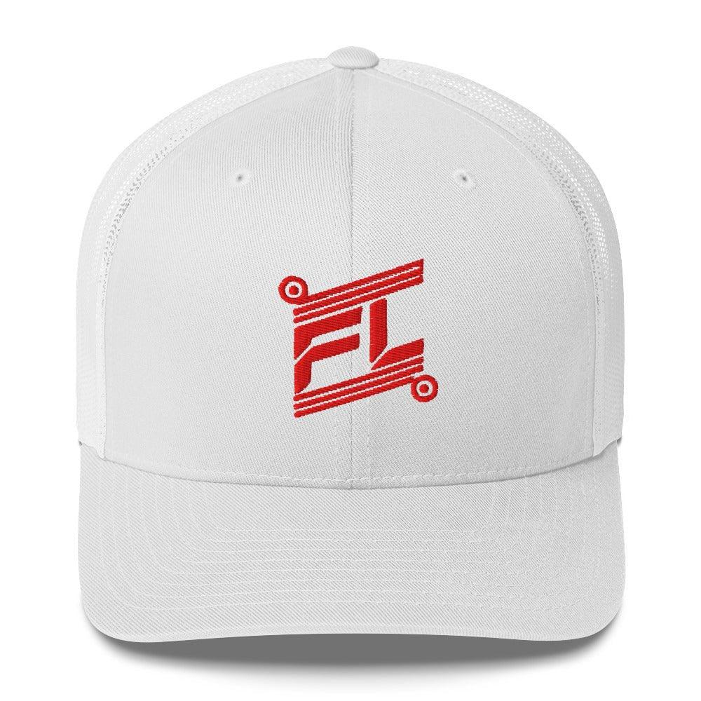 BILLIE retro trucker hat white blanc avec mesh white blanc, mockup face avant, logo rouge FL brodé, fond blanc