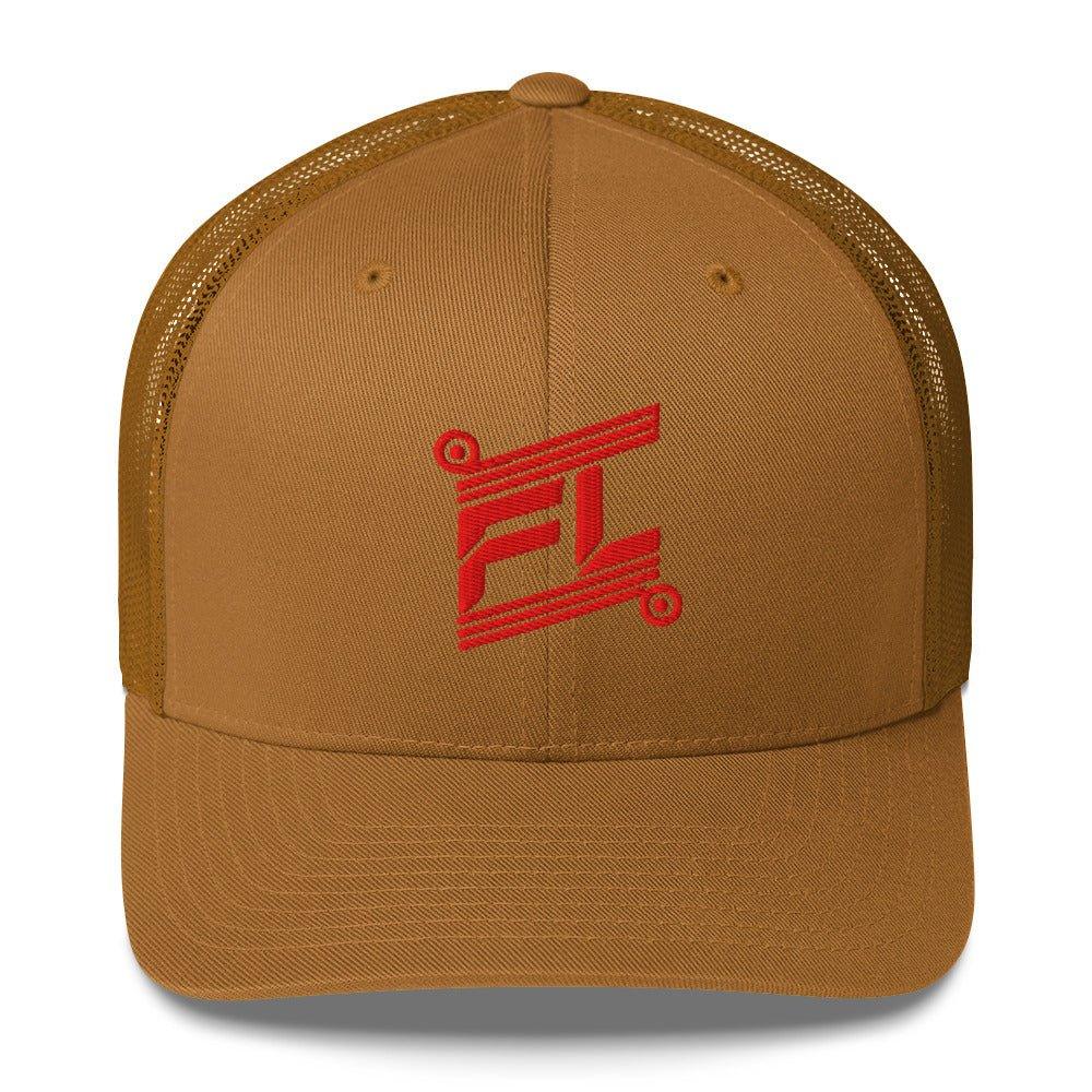 BILLIE trucker cap camel ton sur ton, mockup face avant, logo rouge brodé, fond blanc