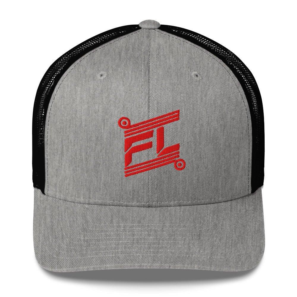 BILLIE trucker cap gris chiné avec mesh noir, mockup face avant, logo rouge brodé, fond blanc