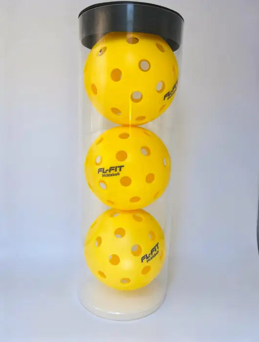 Boite avec 3 Balles exterieur de pickleball jaune FL-FIT avec trous , fond bleu clair