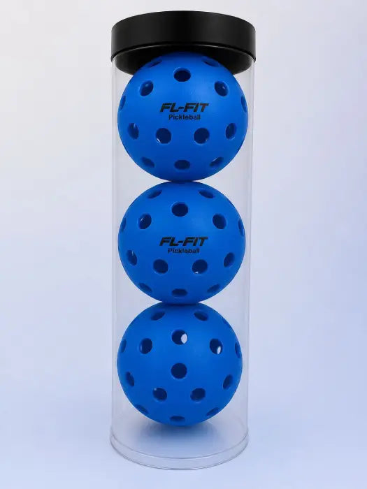 Boite avec 3 Orange exterieur de pickleball bleu FL-FIT avec trous , fond bleu clair