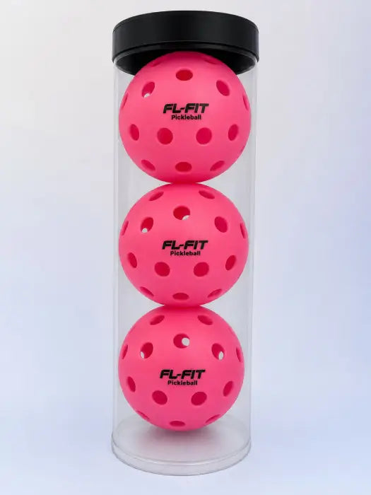 Boite avec 3 Orange exterieur de pickleball rose FL-FIT avec trous , fond bleu clair