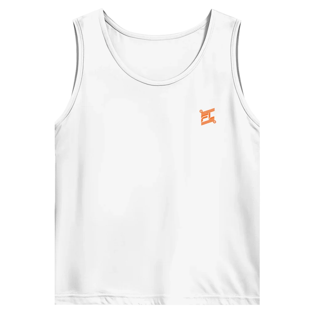 Face avant d'un débardeur basic blanc avec logo de couleur orange 