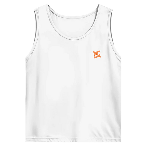 Face avant d'un débardeur basic blanc avec logo de couleur orange 