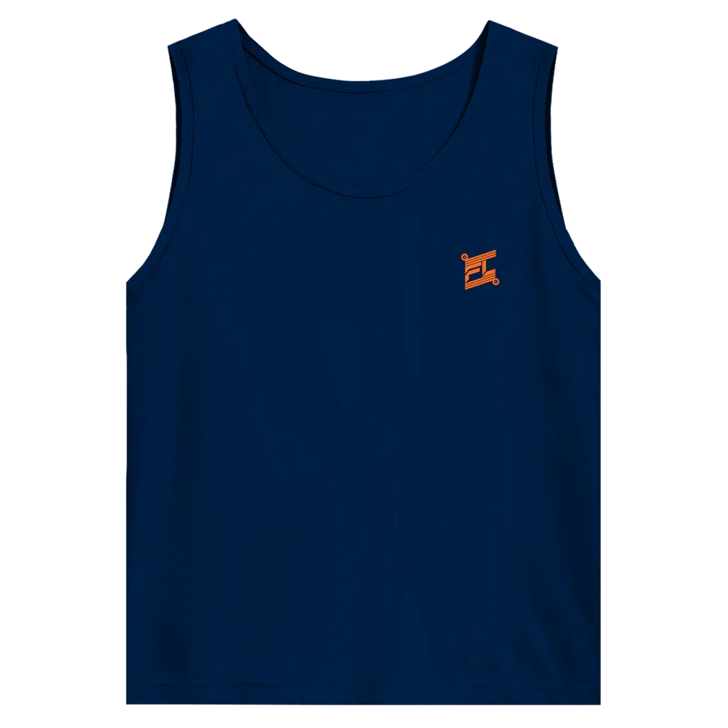 Face avant d'un débardeur basic bleu foncé avec logo de couleur orange 