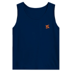 Face avant d'un débardeur basic bleu foncé avec logo de couleur orange 