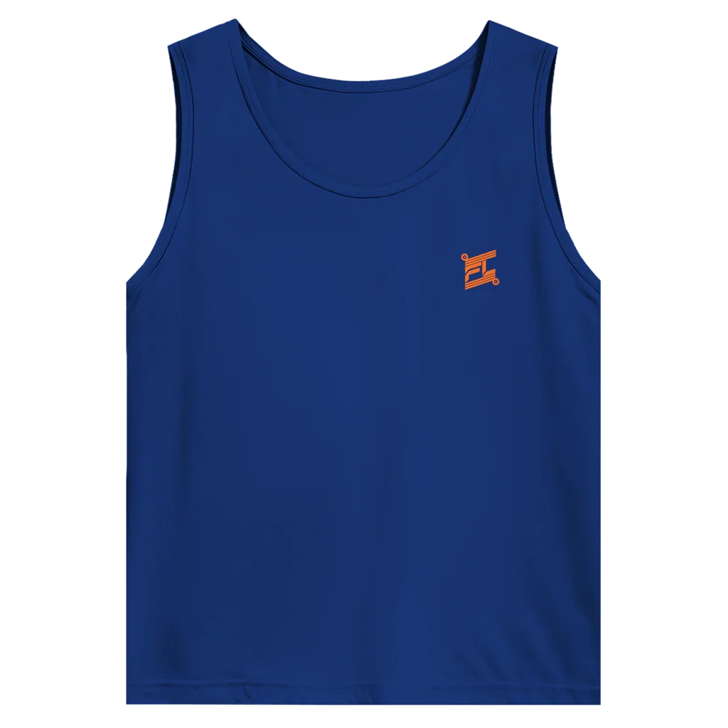 Face avant d'un débardeur basic bleu avec logo de couleur orange 