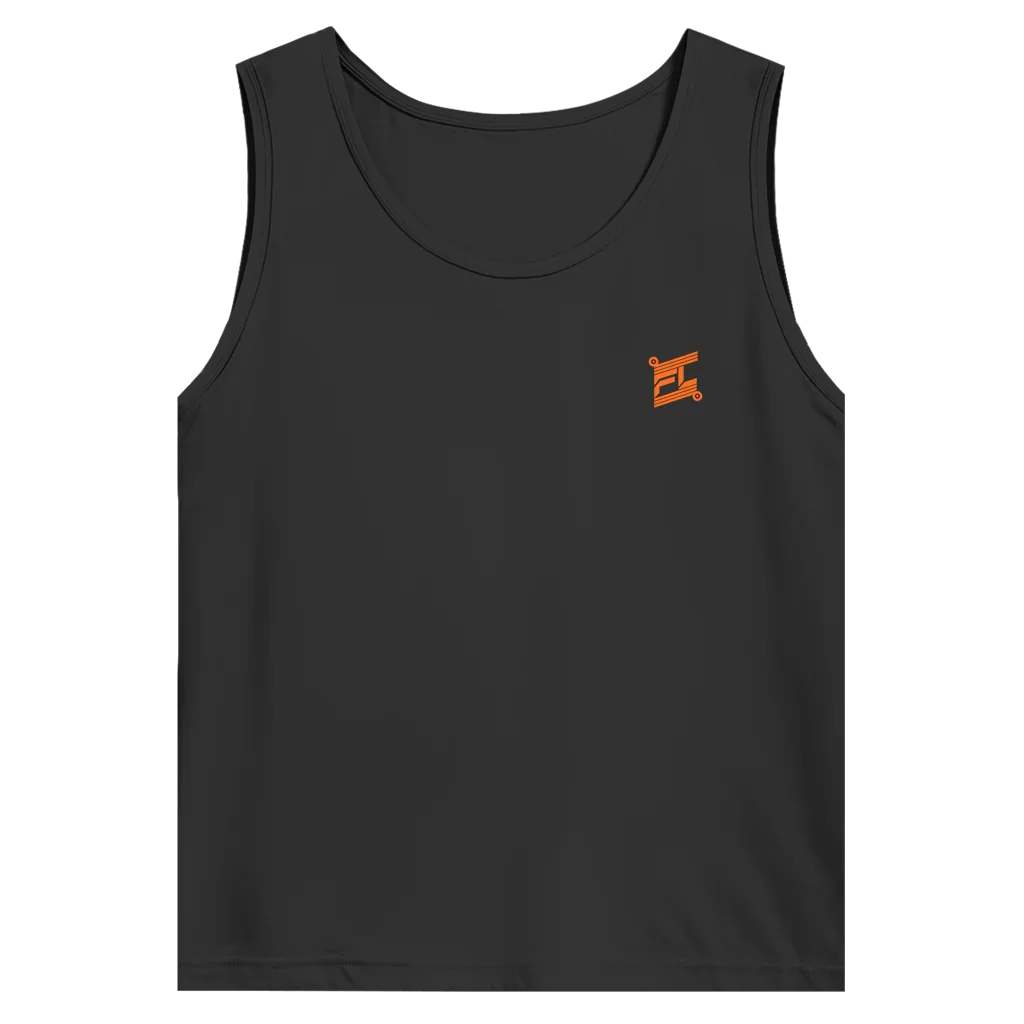 Face avant d'un débardeur basic noir avec logo de couleur orange 