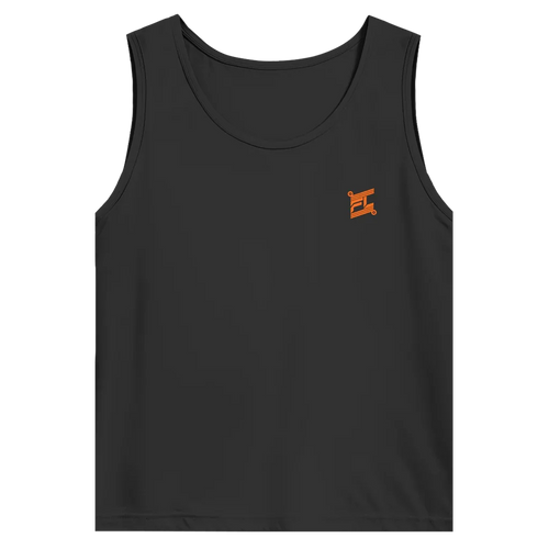 Face avant d'un débardeur basic noir avec logo de couleur orange 