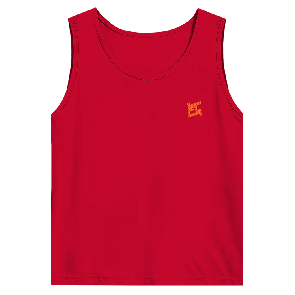 Face avant d'un débardeur basic rouge avec logo de couleur orange 