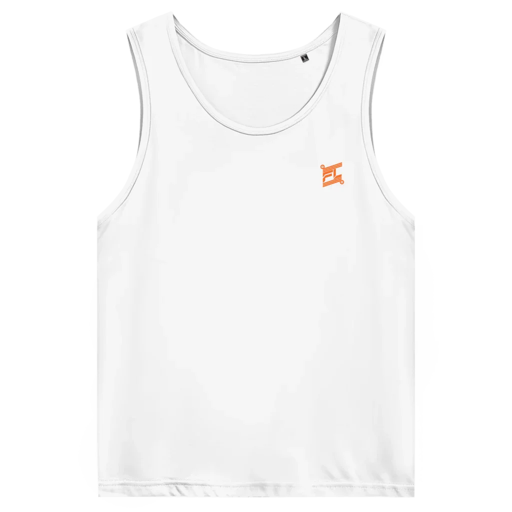 Face avant d'un débardeur premium couleur blanc avec logo couleur orange 