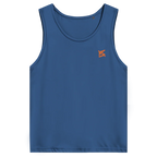Face avant d'un débardeur premium couleur bleu avec logo couleur orange 