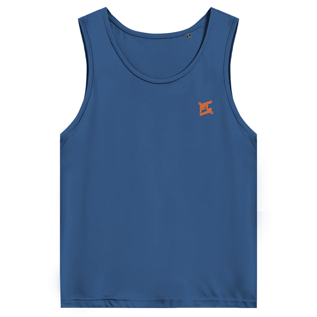 Face avant d'un débardeur premium couleur bleu avec logo couleur orange 