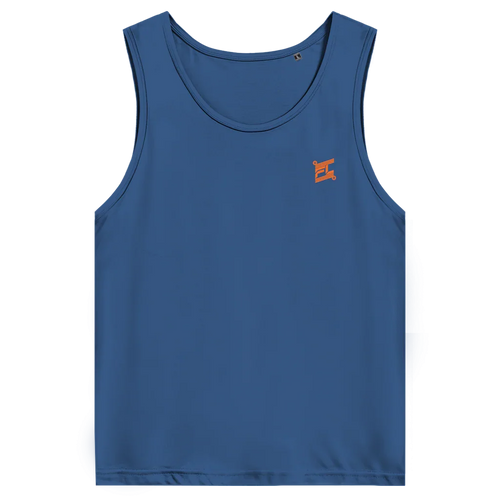Face avant d'un débardeur premium couleur bleu avec logo couleur orange 
