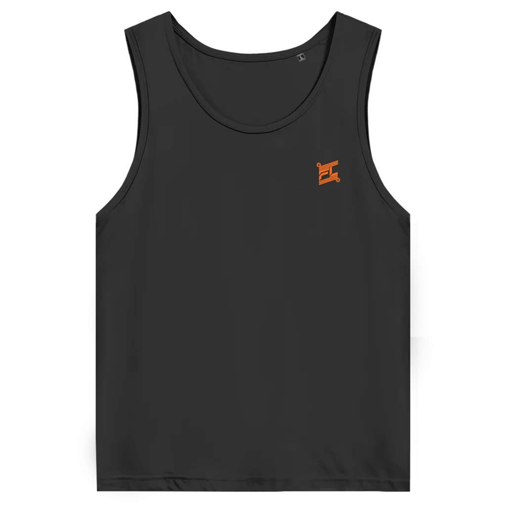 Face avant d'un débardeur premium couleur noir avec logo couleur orange 