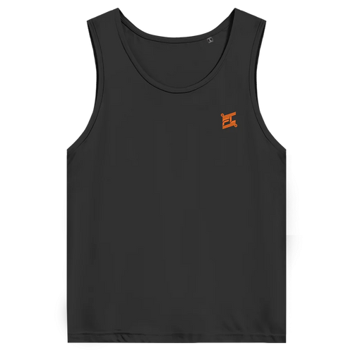 Face avant d'un débardeur premium couleur noir avec logo couleur orange 