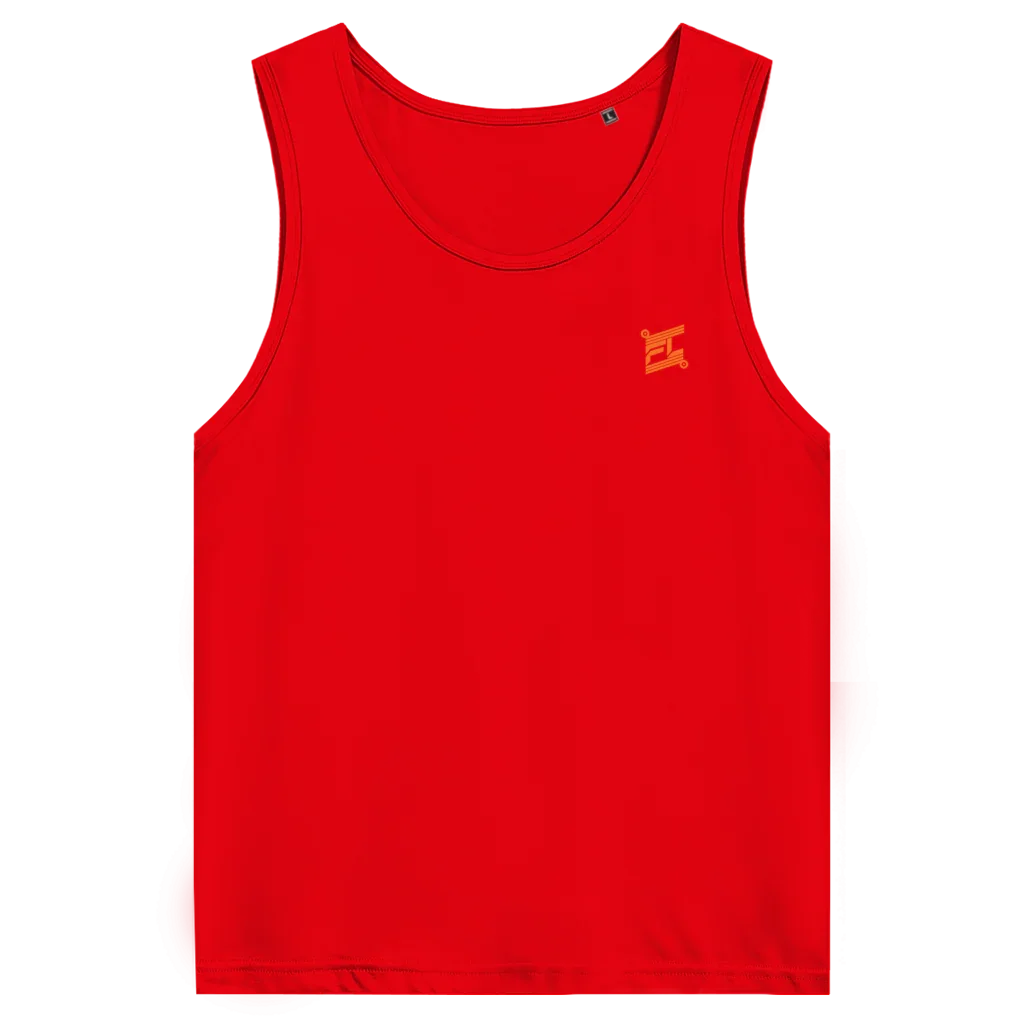 Face avant d'un débardeur premium couleur rouge avec logo couleur orange 