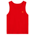 Face avant d'un débardeur premium couleur rouge avec logo couleur orange 