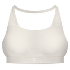 Brassière gainante femme FL-FIT blanc vue de face, maintien fort, bande élastique large sous la poitrine, bretelles larges, logo FL-FIT orange brodé sur le devant centré, fond blanc
