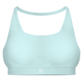 Brassière gainante femme FL-FIT turquoise vue de face, maintien fort, bande élastique large sous la poitrine, bretelles larges, logo FL-FIT orange brodé sur le devant centré, fond blanc