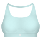 Brassière gainante femme FL-FIT turquoise vue de face, maintien fort, bande élastique large sous la poitrine, bretelles larges, logo FL-FIT orange brodé sur le devant centré, fond blanc