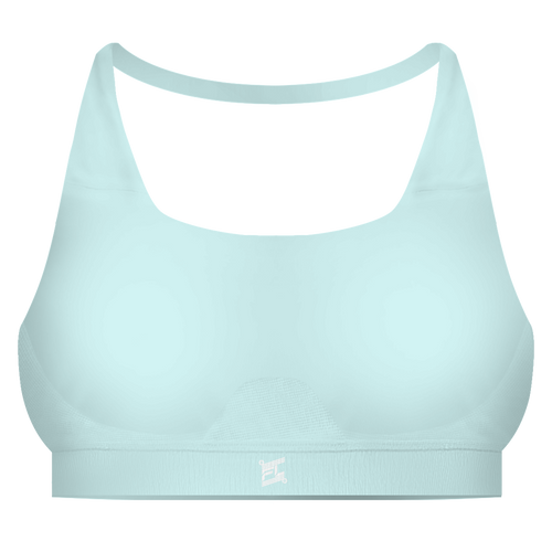 Brassière gainante femme FL-FIT turquoise vue de face, maintien fort, bande élastique large sous la poitrine, bretelles larges, logo FL-FIT orange brodé sur le devant centré, fond blanc