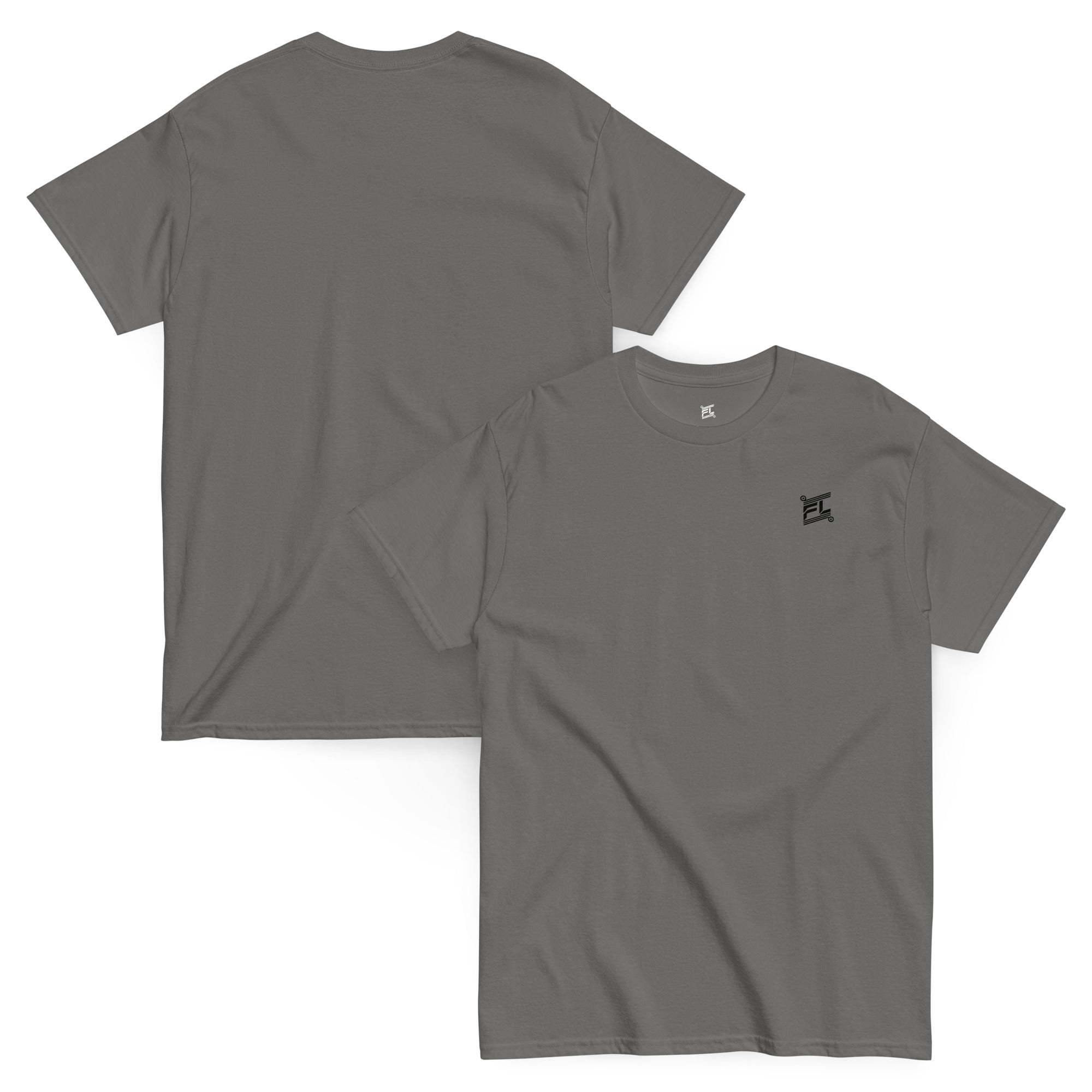 FL-FIT classic tee unisexe gris chiné, mockup face et dos, logo noir simple

