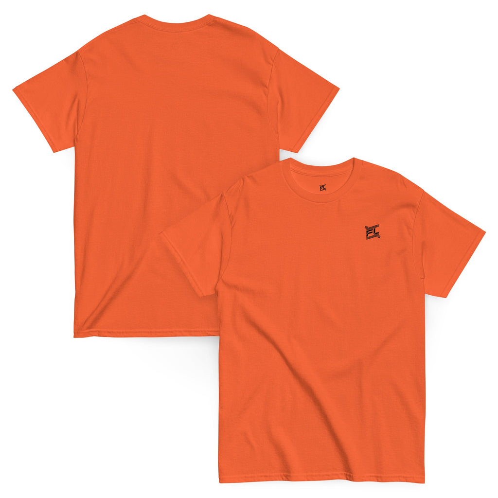 FL-FIT classic tee unisexe orange brique, mockup face et dos, logo noir simple