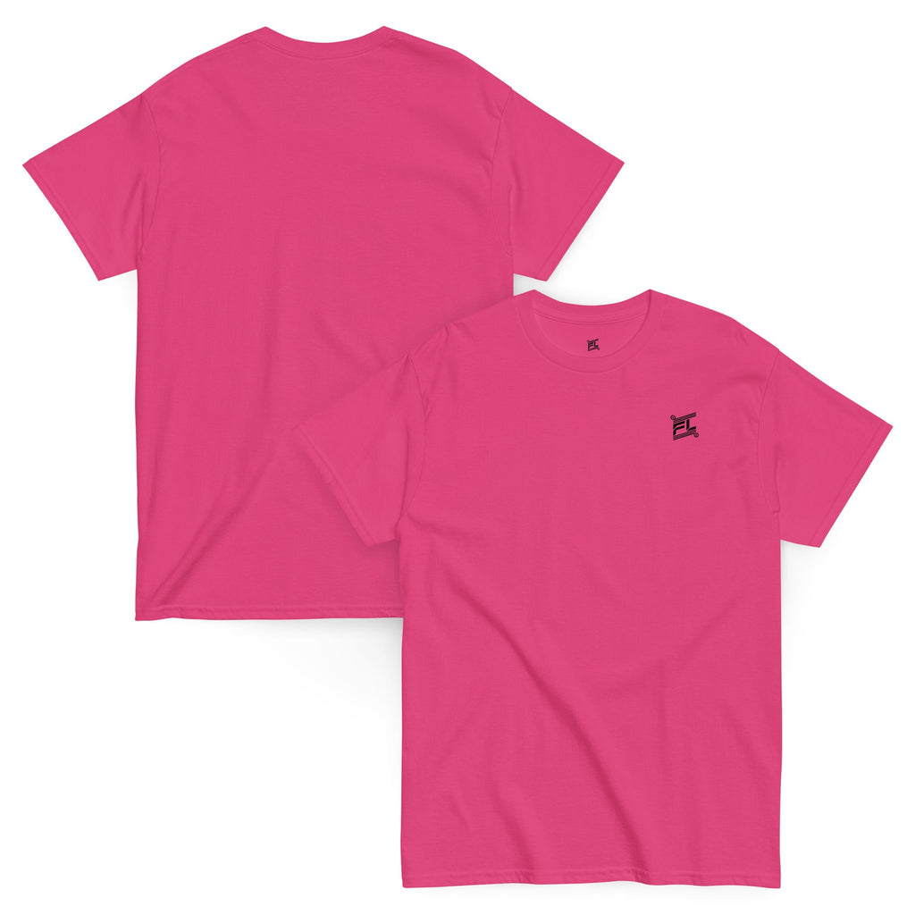 FL-FIT classic tee unisexe rose fuchsia, mockup face et dos, logo noir simple
