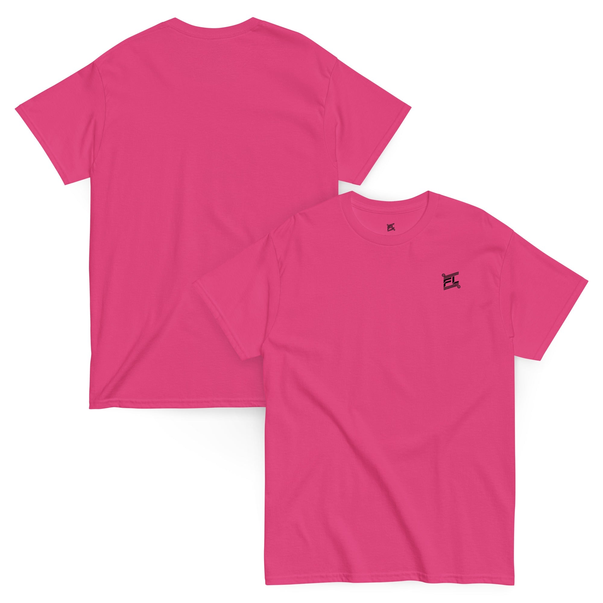 FL-FIT classic tee unisexe rose fuchsia, mockup face et dos, logo noir simple
