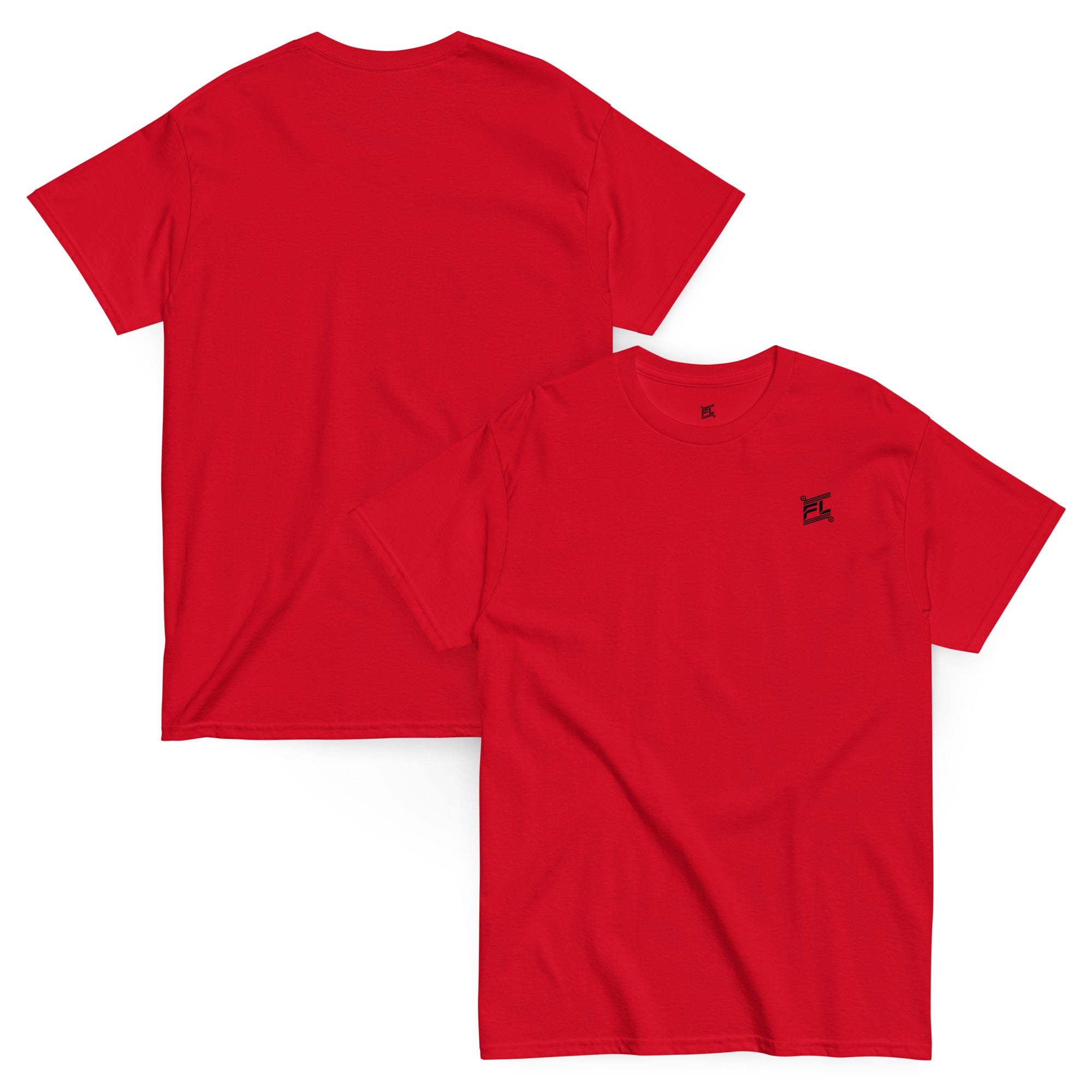 FL-FIT classic tee unisexe rouge, mockup face et dos, logo noir simple