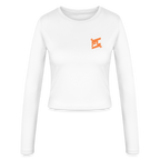 FL-FIT Crop Top Stella — femme, blanc, manches longues, logo FL orange imprimé poitrine
