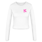 FL-FIT Crop Top Stella — femme, blanc, manches longues, logo FL rose imprimé poitrine

