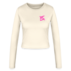 FL-FIT Crop Top Stella — femme, crème, manches longues, logo FL rose imprimé poitrine
