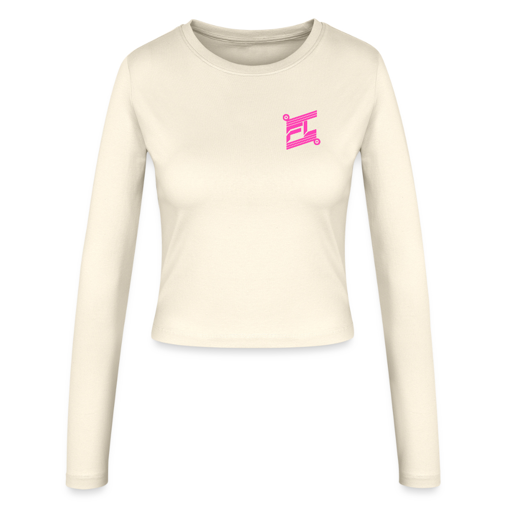 FL-FIT Crop Top Stella — femme, crème, manches longues, logo FL rose imprimé poitrine
