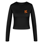FL-FIT Crop Top Stella — femme, noir, manches longues, logo FL orange imprimé poitrine
