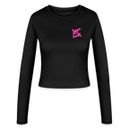 FL-FIT Crop Top Stella — femme, noir, manches longues, logo FL rose imprimé poitrine
